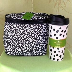 KATE SPADE LEOPARD HEART LUNCH TOTE BAG + TRAVEL MUG/TUMBLER (SET):NWT